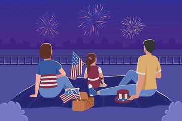 Family watching fireworks for 4th of july flat color vector illustration. Independence day celebration. Summer evening outdoor. Parents with daughter 2D cartoon characters with night sky on background