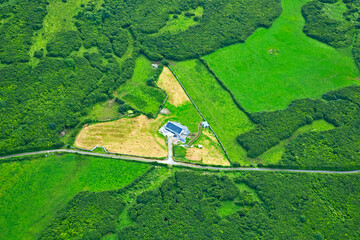 Aerial view of traditional Irish houses and farms in County Clare in Eire