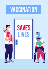 Vaccination campaign poster flat vector template. Health care during pandemic. Brochure, booklet one page concept design with cartoon characters. Vaccine save lives flyer, leaflet with copy space