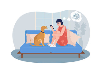 Unhappy teen girl at home 2D vector isolated illustration. Looking at phone screen. Sad child with dog at home flat characters on cartoon background. Teenager problem colourful scene