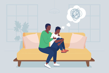 Father support teen son flat color vector illustration. Mental health problems. Dad counseling teenager with depressing thoughts. Family 2D cartoon characters with home interior on background