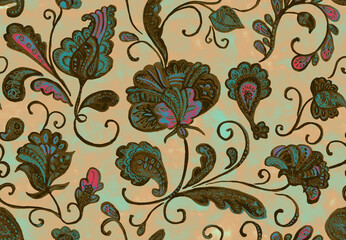 Paisley watercolor floral pattern tile: flowers, flores, tulips, leaves. Oriental indian traditional hand painted water color whimsical seamless print, ceramic design. Abstract india batik background