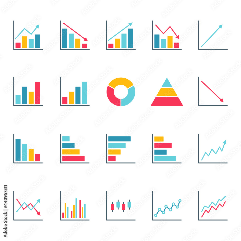 Wall mural graphics and charts flat icons colorful set. big data concept. business analysis symbol. statistics 