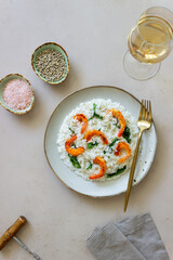 Risotto with shrimps and spinach. Healthy food. Vegetarian food.