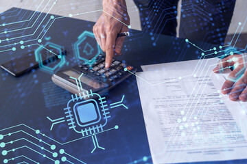 A research and development specialist computing the data to create a new approach to develop high...