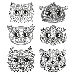 Owls. Heads. Design Zentangle. Hand drawn owl with abstract patterns on isolation background. Design for spiritual relaxation for adults. Black and white illustration for coloring. Zen art. Doodle