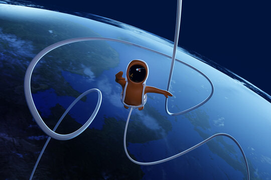 Little astronaut kid floating above the planet earth in space. Children space exploration. 3D rendering.