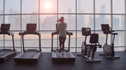 Woman running on treadmill at a panoramic window with city view at the sunrise.