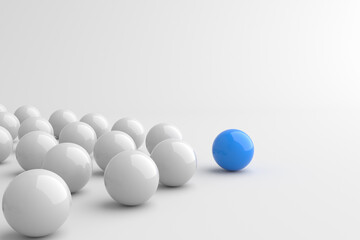 Leadership concept, blue leader ball, standing out from the crowd of white balls. 3D Rendering