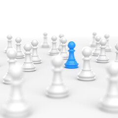 Leadership concept, blue pawn of chess, standing out from the crowd of white pawns, on white background. 3D Rendering