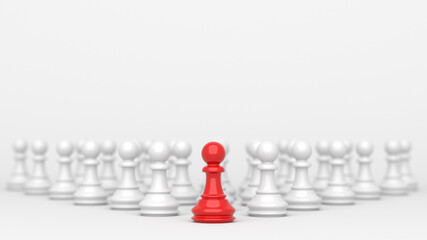 Leadership concept, red pawn of chess, standing out from the crowd of white pawns, on white background. 3D Rendering