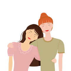 Colorful illustration of two adult women hugging and supporting each other. Vector illustration isolated on a transparent background. 