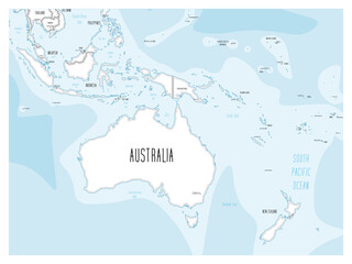 Political map of Australia and Oceania. Black outline hand-drawn cartoon style illustrated map with bathymetry. Handwritten labels of country, capital city, sea and ocean names. Simple flat vector map - obrazy, fototapety, plakaty