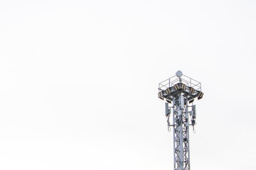 close-up photo Spotlight pole above have CCTV, phone signal, internet signal 4G, 5G in the container yard in the port area use industry the sky background