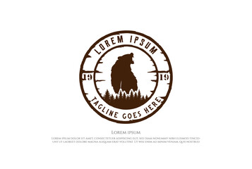 Pine Cedar Spruce Conifer Fir Evergreen Larch Cypress Hemlock Trees Forest with Roaring Ice Polar Grizzly Bear for Outdoor Camping Adventure Logo Design Vector