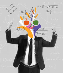 Calculation and formulas in man's head. Modern design, contemporary art collage. Inspiration, idea,...