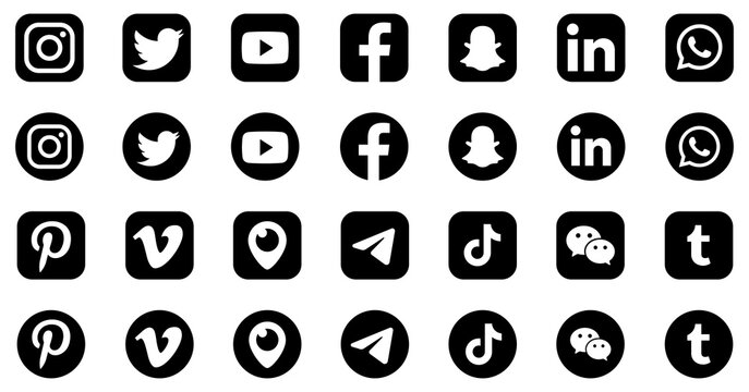 Social media logotype set. Facebook instagram twitter youtube snapchat whatsap pinterest linkedin vimeo tiktok periscope logo set. Social network icons vector