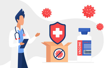 Coronavirus protection, antivirus measures, vaccination concept vector illustration. Cartoon man doctor character holding phone, standing next to delivery box with vaccine medical bottle background