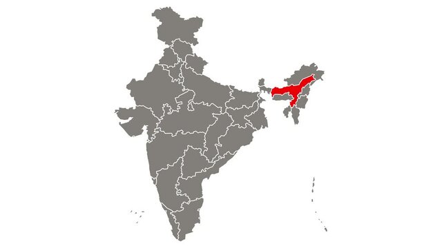 Assam state blinking red highlighted in map of India