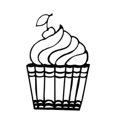 Dessert in a paper cup with a cherry on a white background.Vector whipped cream can be used in menus,textiles,and postcards.Doodle illustration.