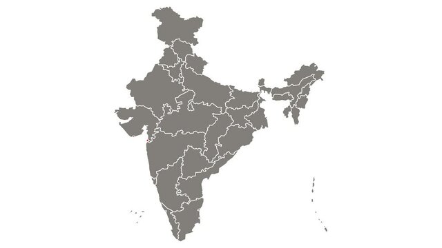 Daman and Diu state blinking red highlighted in map of India