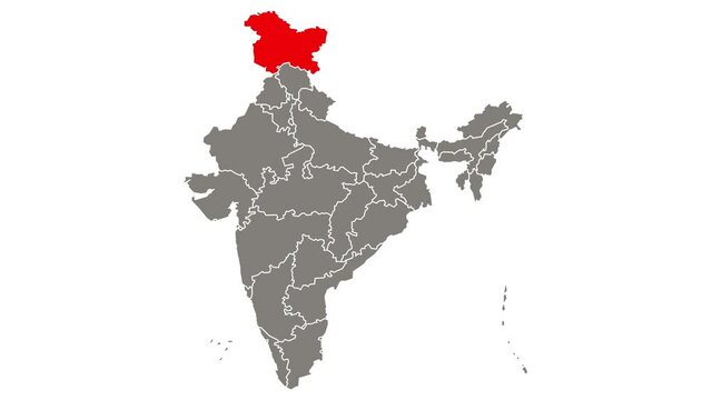 Jammu and Kashmir state blinking red highlighted in map of India