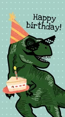 Fotobehang Cool dinosaur birthday greeting illustration for social media story © Rawpixel.com