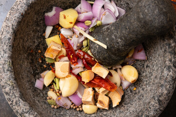 Curry Paste Ingredients in Mortar with Pestle
