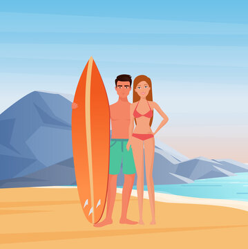 Young couple of surfers on sea rocks background vector illustration