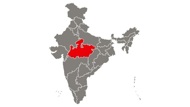 Madhya Pradesh state blinking red highlighted in map of India