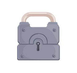 Hanging locked iron padlock with closed metal shackle and keyhole. Realistic protecting mechanism for lockers and safes as symbol of security. Flat cartoon vector illustration isolated on white