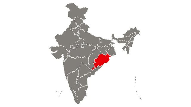 Odisha state blinking red highlighted in map of India