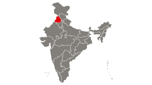 Punjab state blinking red highlighted in map of India