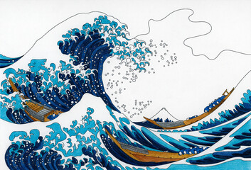 The Great Wave of Kanagawa (1829–1833) by Katsushika Hokusai: adult coloring page - obrazy, fototapety, plakaty