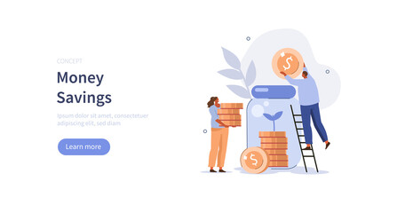People characters collecting and putting coins in savings jar. Financial management, money  savings and deposit growth concept. Flat cartoon vector illustration.