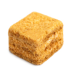 Mini cake honey cake. Medovik slice. Tasty dessert square cake