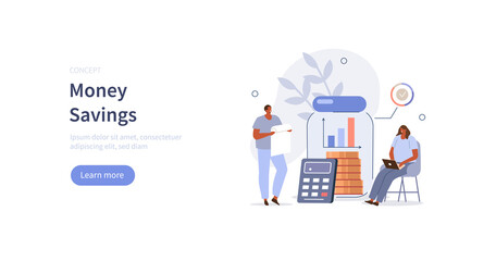 People characters calculating and collecting coins in savings jar. Financial management, money  savings and deposit growth concept. Flat cartoon vector illustration.

