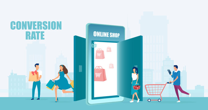 Vector of an increasing customer base shopping online via smartphone app