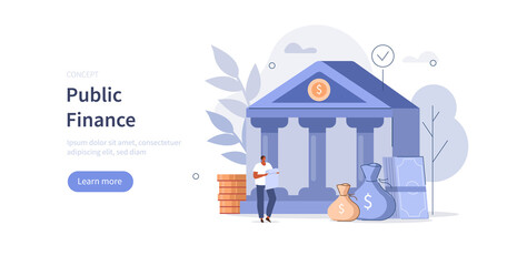 Coins and banknotes lying near government finance department or tax office column building. Public finance audit concept. Flat isometric vector illustration. - obrazy, fototapety, plakaty