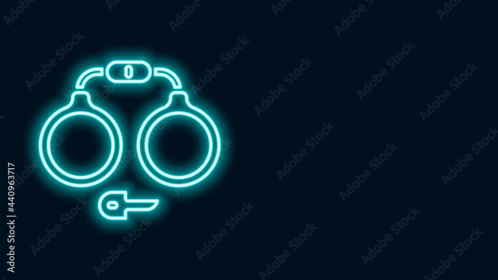 Poster Glowing neon line Handcuffs icon isolated on black background. 4K Video motion graphic animation