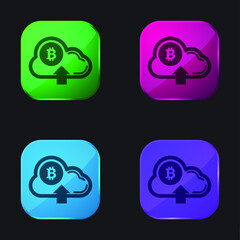 Bitcoin On Cloud With Up Arrow Symbol four color glass button icon