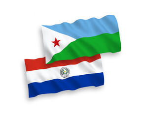 National vector fabric wave flags of Republic of Djibouti and Paraguay isolated on white background. 1 to 2 proportion.