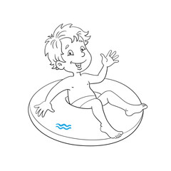 Little funny boy is lying in a big swimming circle. Black and white picture with blue accent. In cartoon style. Isolated on white background. For coloring book. Vector illustration.