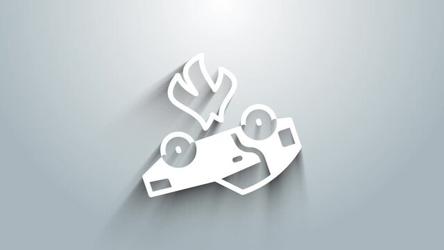 White Burning car icon isolated on grey background. Car on fire. Broken auto covered with fire and smoke. 4K Video motion graphic animation