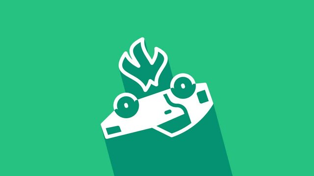 White Burning car icon isolated on green background. Car on fire. Broken auto covered with fire and smoke. 4K Video motion graphic animation
