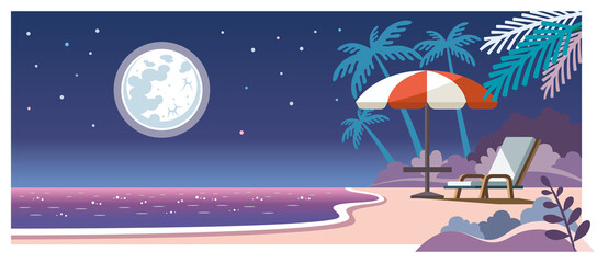 夜の海とビーチチェアのイラスト素材