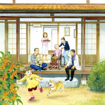 A family and home medical staff sitting on a porch