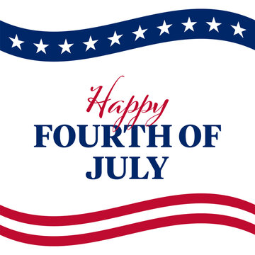 Happy 4th of July Square Banner with Typography on White Background with Waving American Flag Stars and Stripes Illustrations. Happy 4th of July Text on White Background for American Independence Day