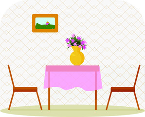 cute room. a table with a vase of flowers and two chairs