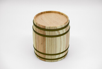 A round oak barrel made of wood and metal on the white background.